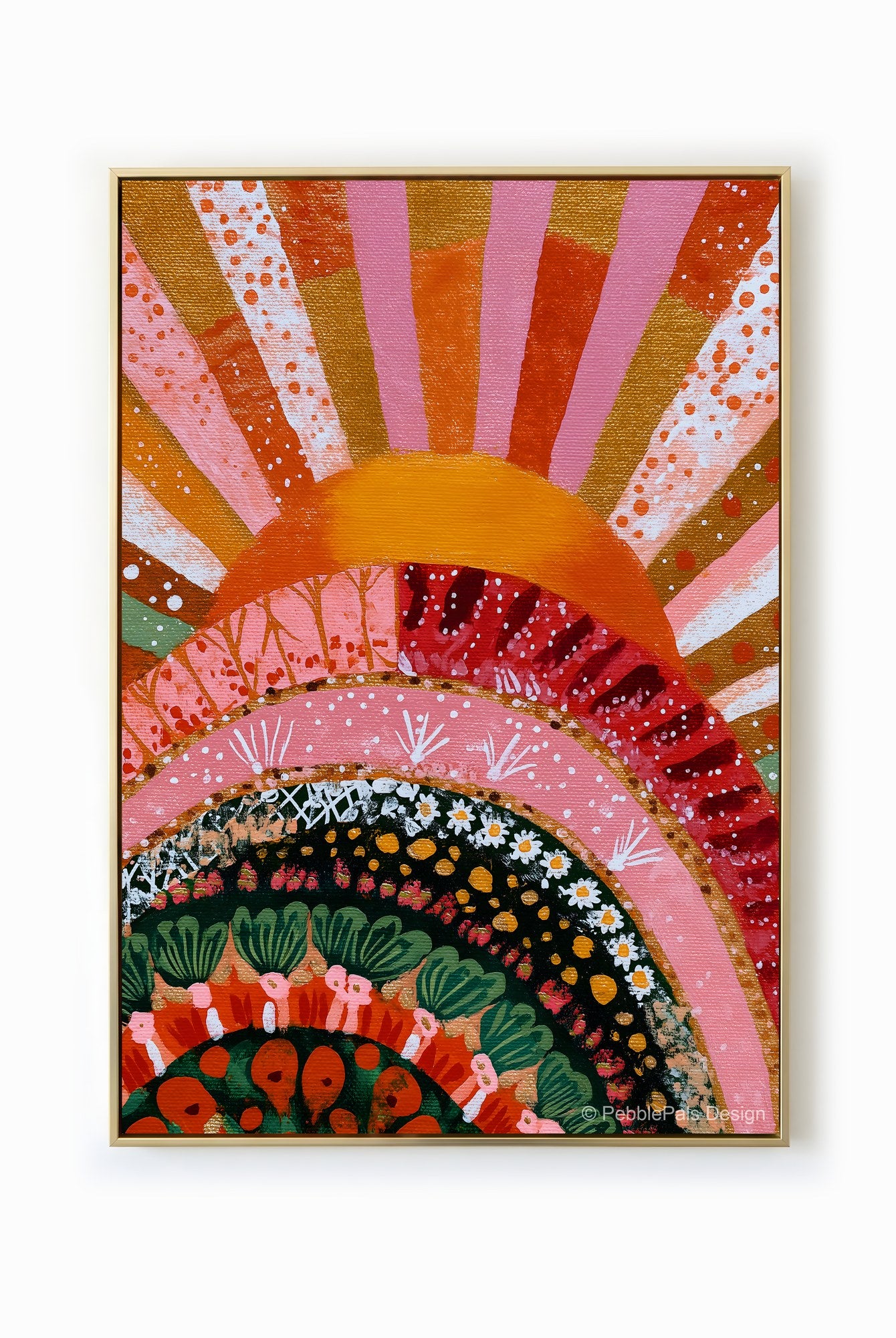 A vibrant folk art painting of a sunrise over a field of stylized flowers in warm, earthy tones.