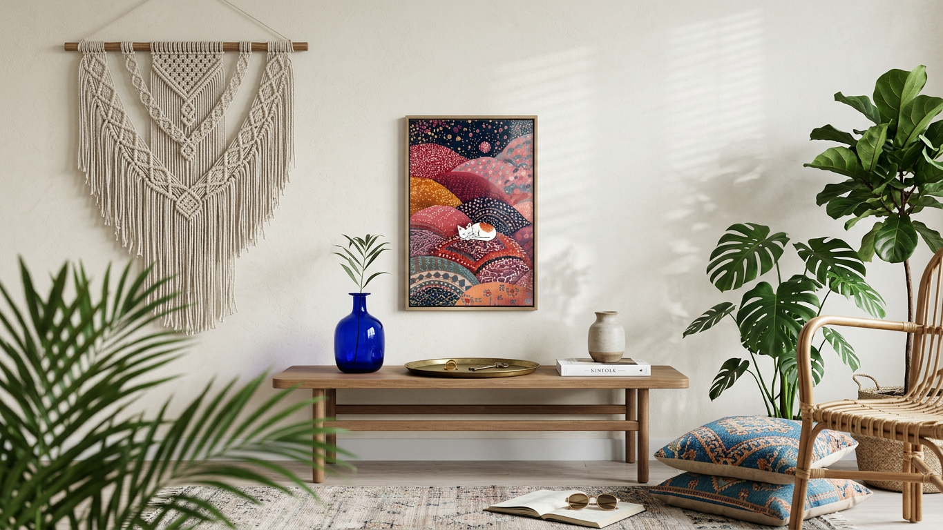 Whimsical & Comforting Sleeping White Cat Art | Crimson & Mustard Tones | Serenity in patterned dreams | Gift for Cat Lovers | Digital Download
