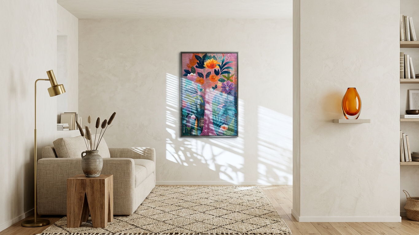 Coral & Teal Blossom Tree Painting | Botanical Style | Sunlit Living Room Decor | Digital Download
