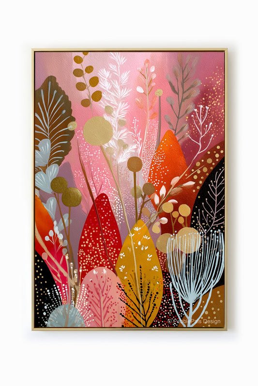 Abstract botanical painting with pastel pink, ochre, and crimson colors, evoking a sense of ethereal joy.
