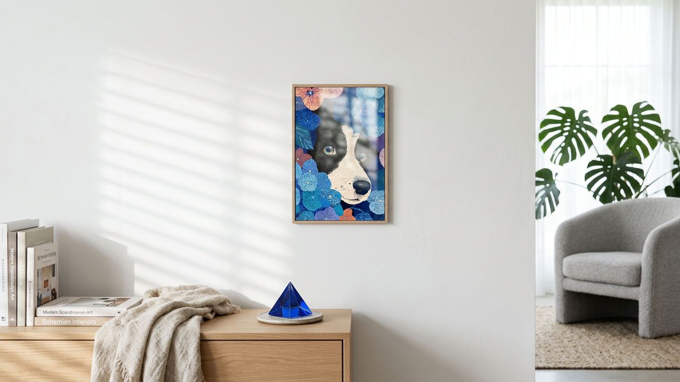 Ethereal & Heartfelt Border Collie Puppy Art | Sapphire & Peach Tones | Whimsical canine floral portrait | Gift for Dog Lovers | Digital Download