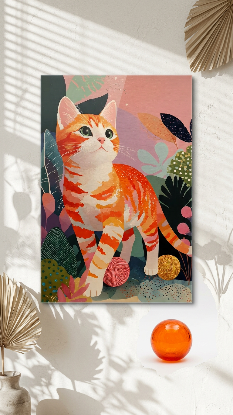 Tangerine & Emerald Ginger Tabby Cat Painting | Naive Style | Whimsical Home Decor | Digital Download