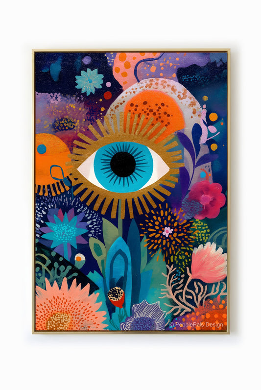 Surreal painting of a bright turquoise eye surrounded by golden rays and a vibrant cosmic floral garden in shades of coral, indigo, and gold.
