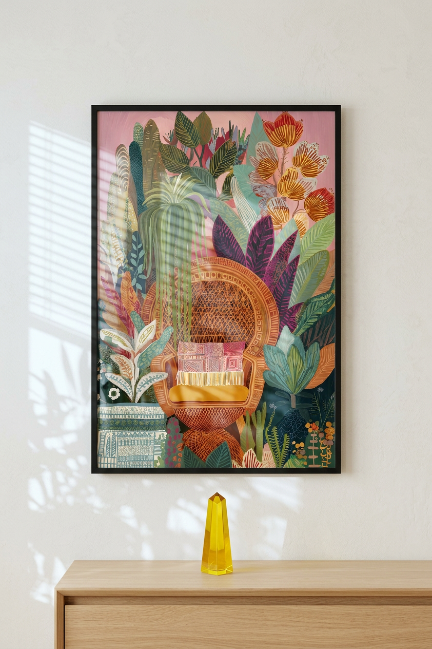 Ethereal & Lush Wicker Chair Surrounded by Foliage Art | Earthy Greens & Rose Tones | Ethereal jungle tranquility | Gift for Nature Lovers | Digital Download