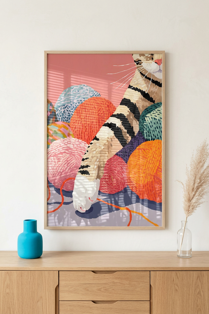 Coral & Indigo Striped Tabby Kitten Painting | Naive Style | Children's Room Decor | Digital Download