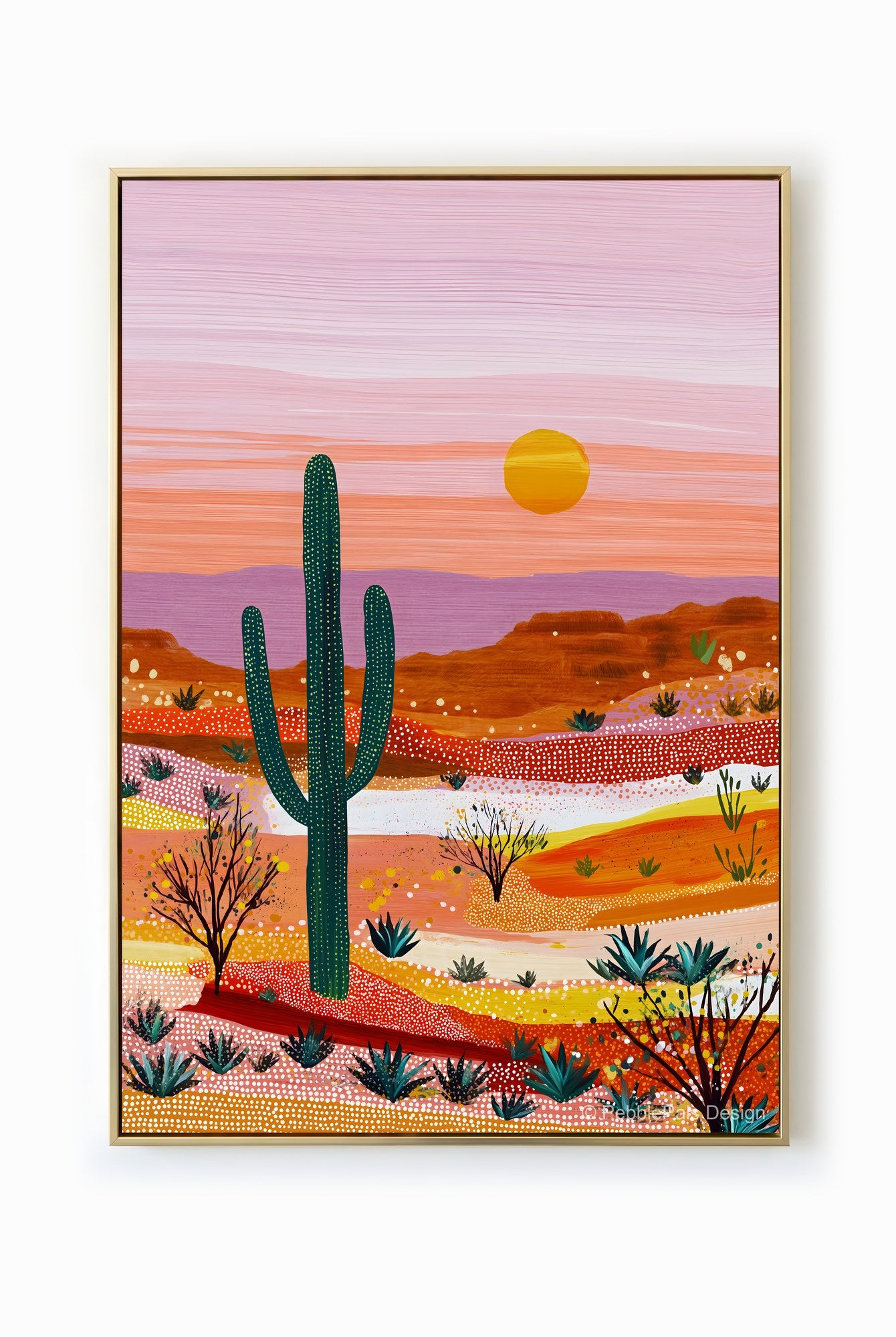A contemporary painting of a Sonoran Desert sunset with tall cacti and a warm color palette.