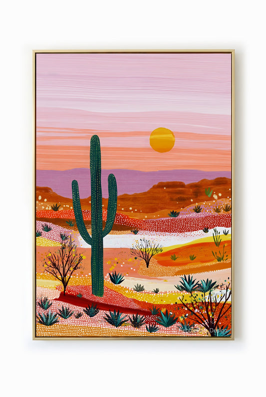 A contemporary painting of a Sonoran Desert sunset with tall cacti and a warm color palette.