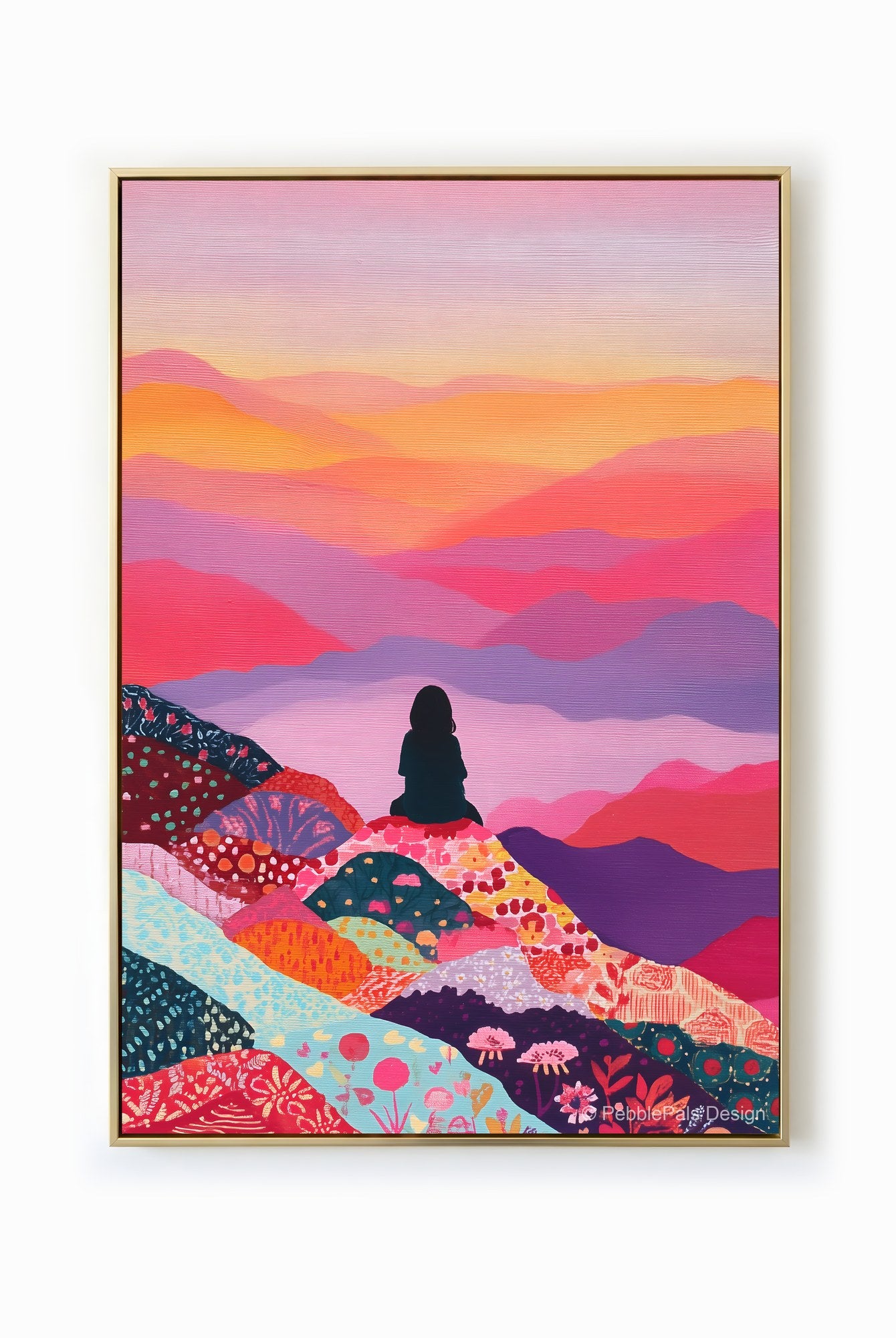 A silhouette sitting atop colorful floral hills under a gradient sunset sky.