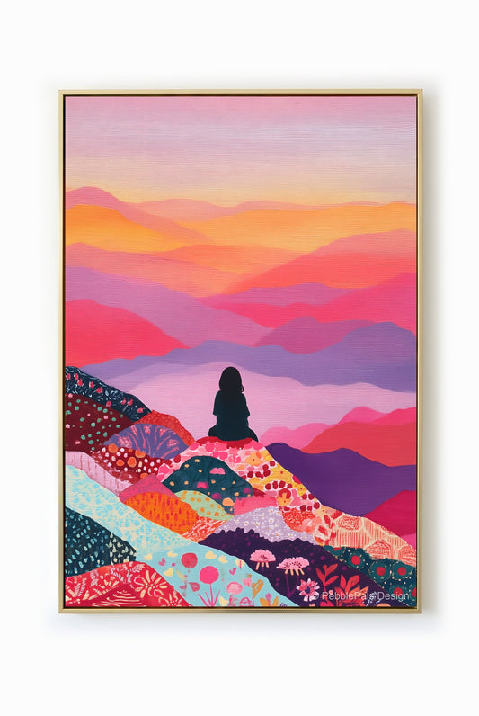 A silhouette sitting atop colorful floral hills under a gradient sunset sky.