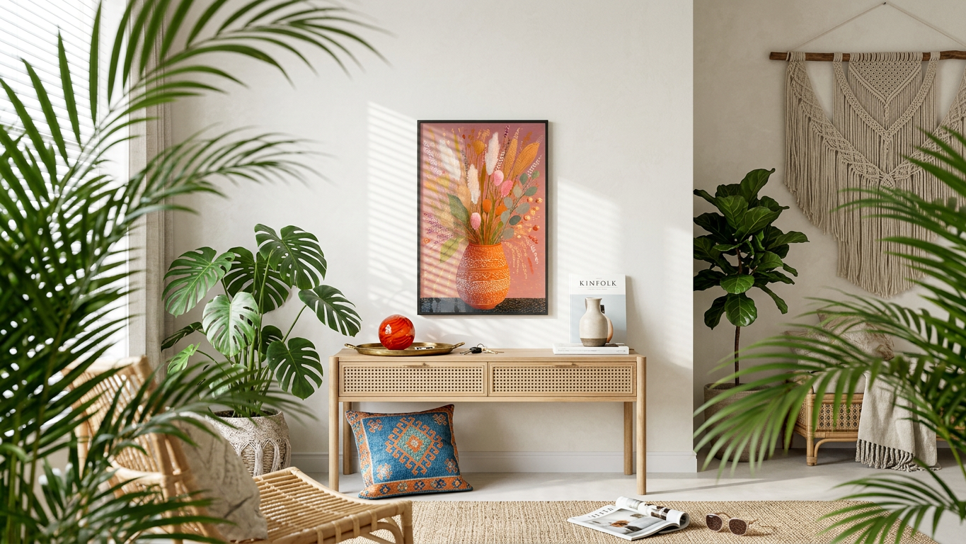 Burnt Orange & Wheat Boho Floral Arrangement Painting | Bohemian Style | Living Room Decor | Digital Download