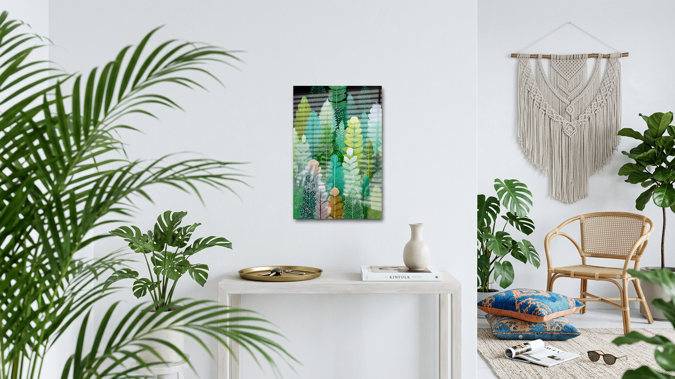 Emerald & Chartreuse Verdant Leaves Painting | Contemporary Style | Sunlit Conservatory Decor | Digital Download