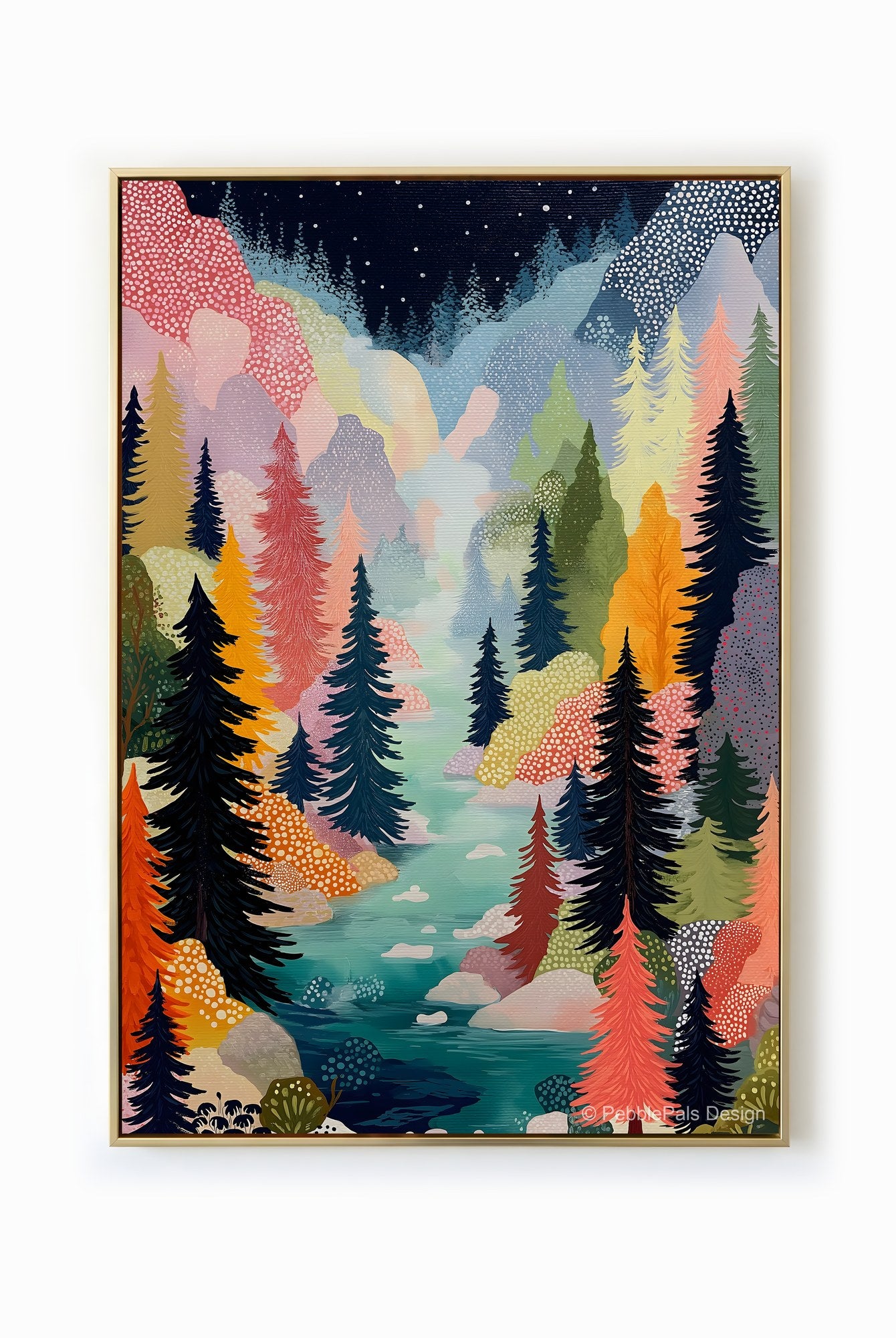A whimsical folk art landscape painting featuring colorful trees, a winding teal river, and a starry indigo sky.