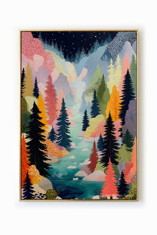 A whimsical folk art landscape painting featuring colorful trees, a winding teal river, and a starry indigo sky.