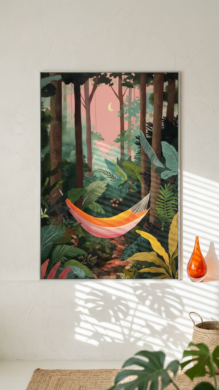 Ethereal & Lush Hammock in Jungle Art | Emerald & Coral Tones | A tranquil forest getaway | Gift for Nature Lovers | Digital Download
