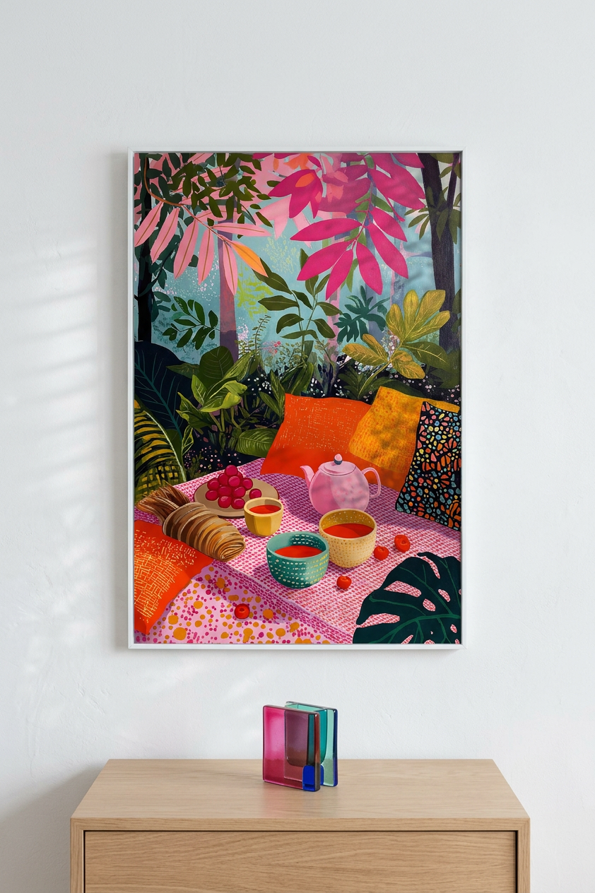 Fuchsia & Emerald Picnic Still Life Painting | Contemporary Style | Sunlit Kitchen Decor | Digital Download