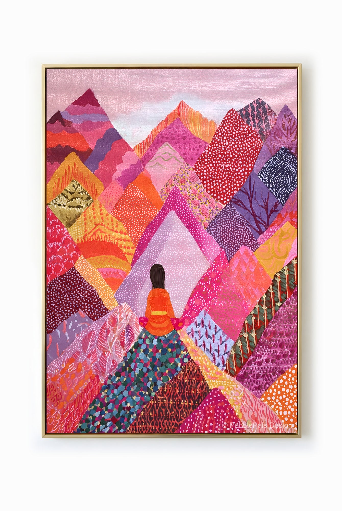 A folk art painting of a person meditating amongst vibrant, patterned mountains in pink, orange, and purple.