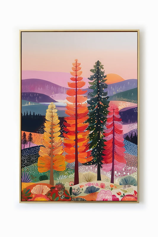 A whimsical folk art landscape featuring colorful trees in an enchanted forest under a pastel sky, bringing a touch of nature's tranquility to your living space.
