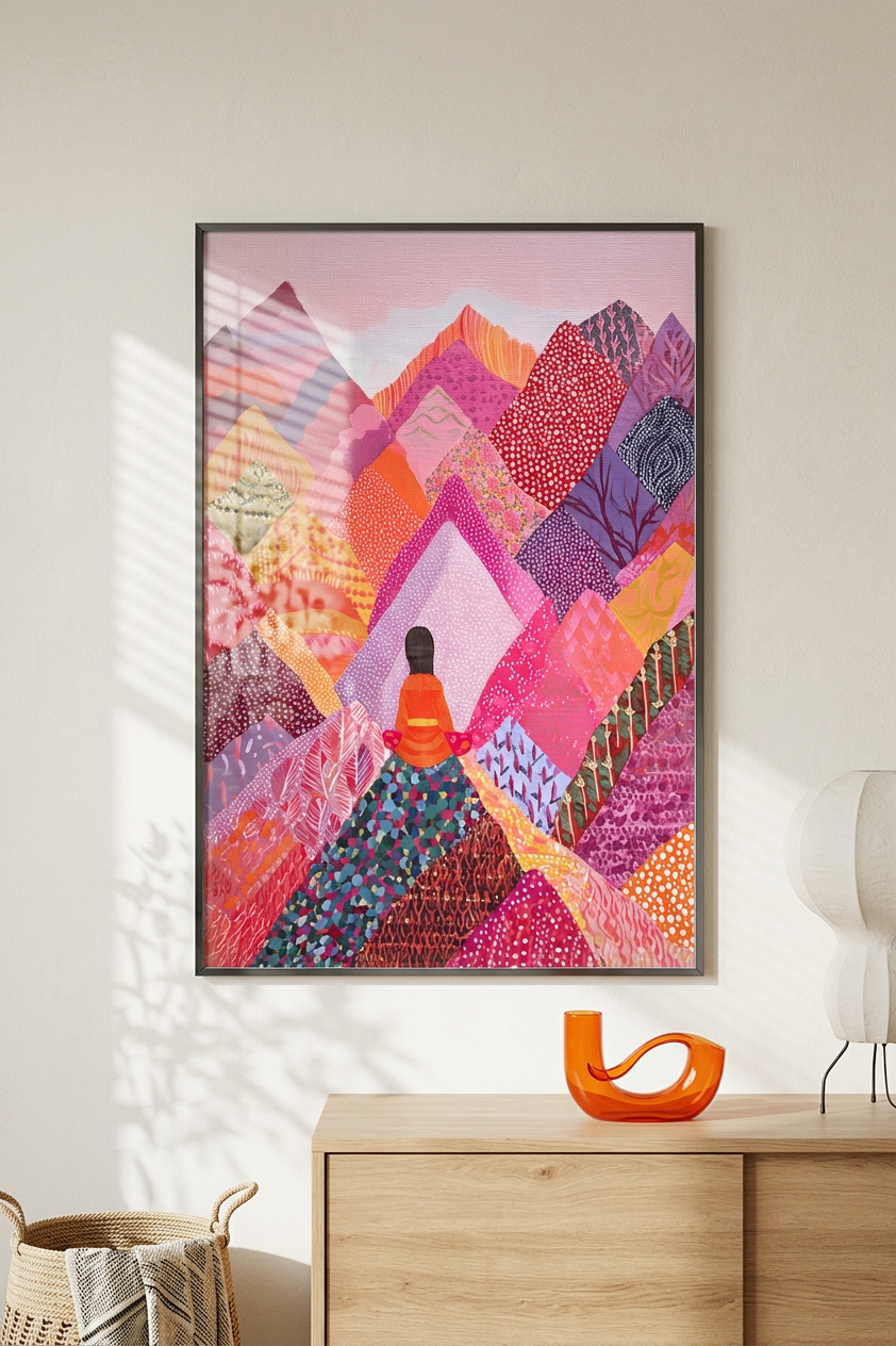 Magenta & Apricot Meditating Figure Painting | Folk Style | Meditation Space Decor | Digital Download