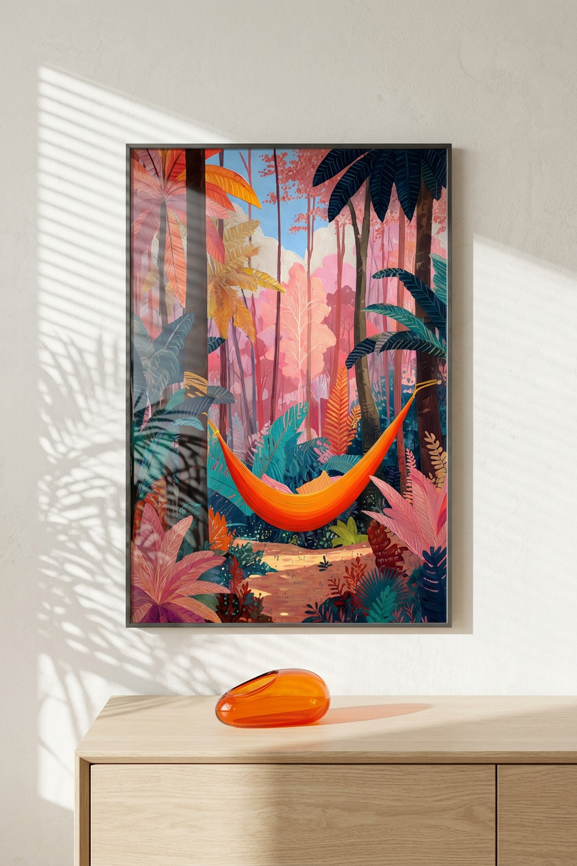 Teal & Coral Hammock in Jungle Painting | Naive Style | Living Room Decor | Digital Download,