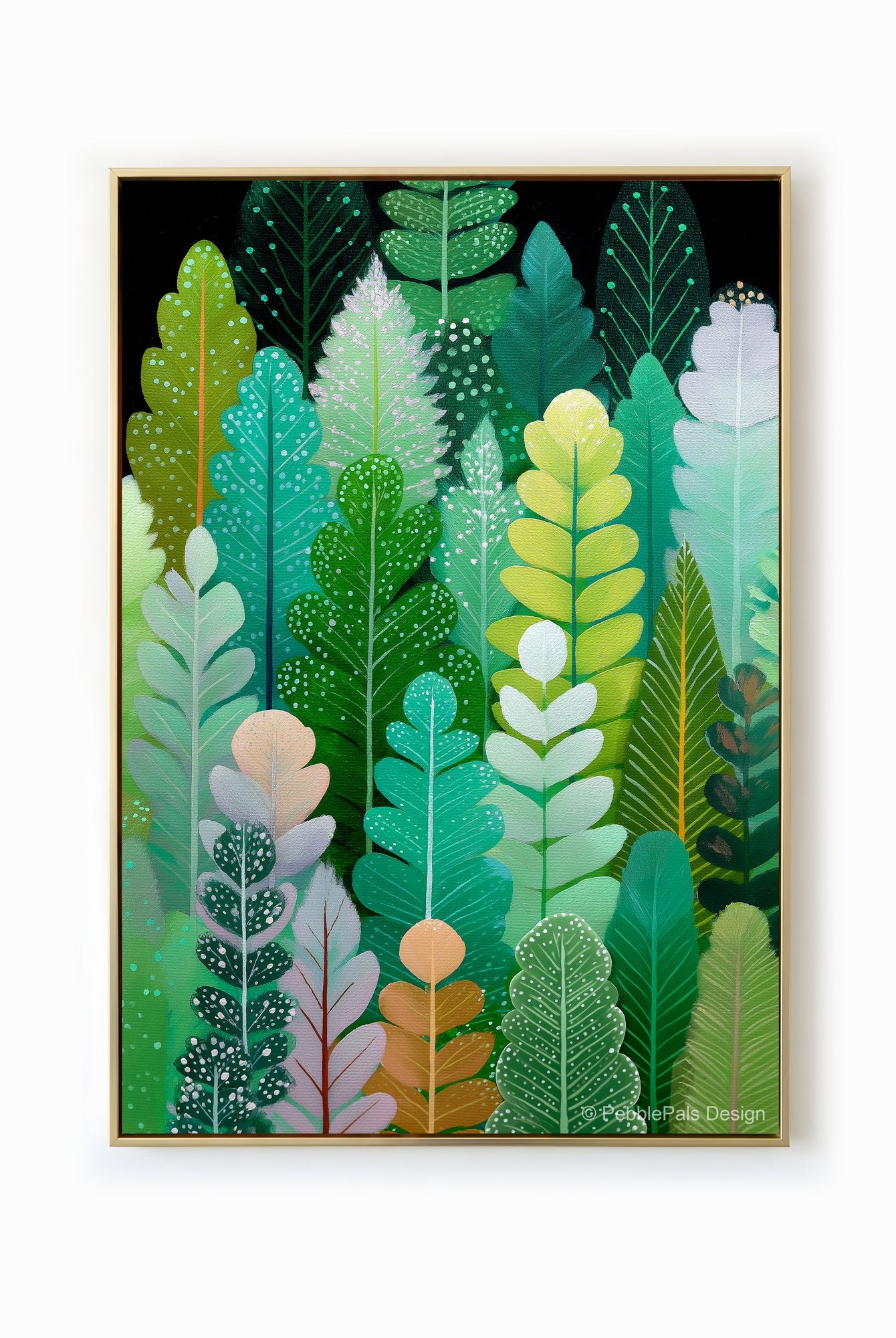 Contemporary painting of lush green leaves in varying shades, creating a serene and natural aesthetic.