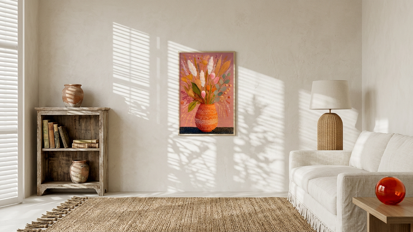 Burnt Orange & Wheat Boho Floral Arrangement Painting | Bohemian Style | Living Room Decor | Digital Download