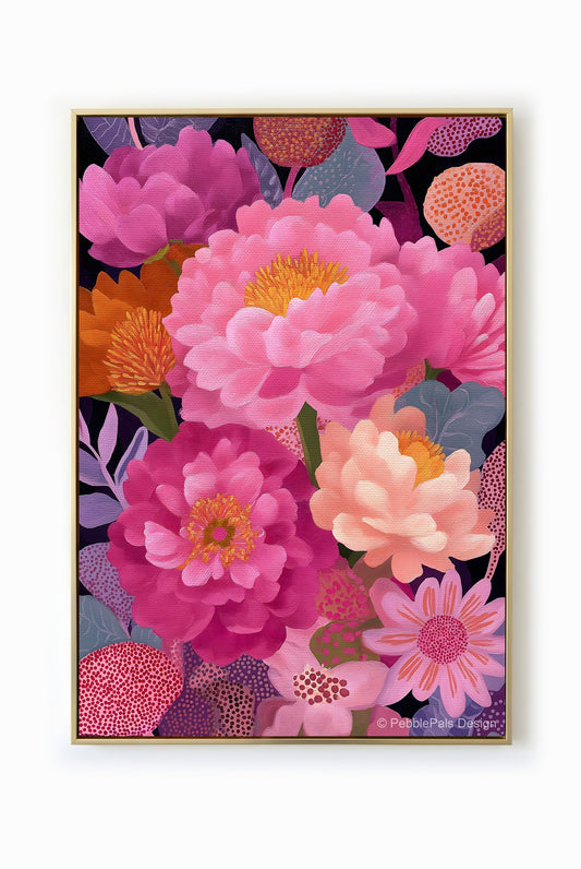 A luxurious floral painting with pink and orange blossoms on a dark violet background, creating an ethereal botanical atmosphere.