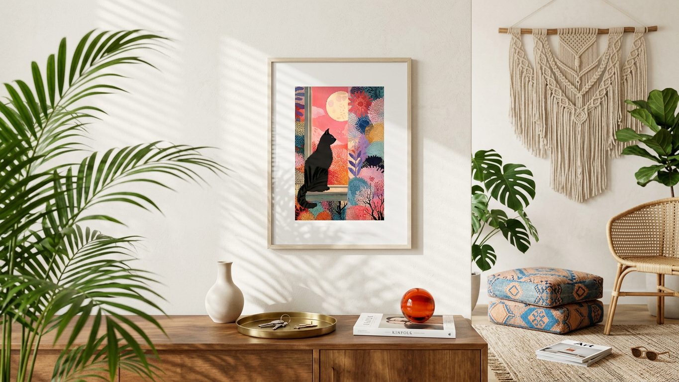 Whimsical & Ethereal Black Cat Art | Coral & Midnight Blue Tones | Ethereal cat art | Gift for Cat Lovers | Digital Download