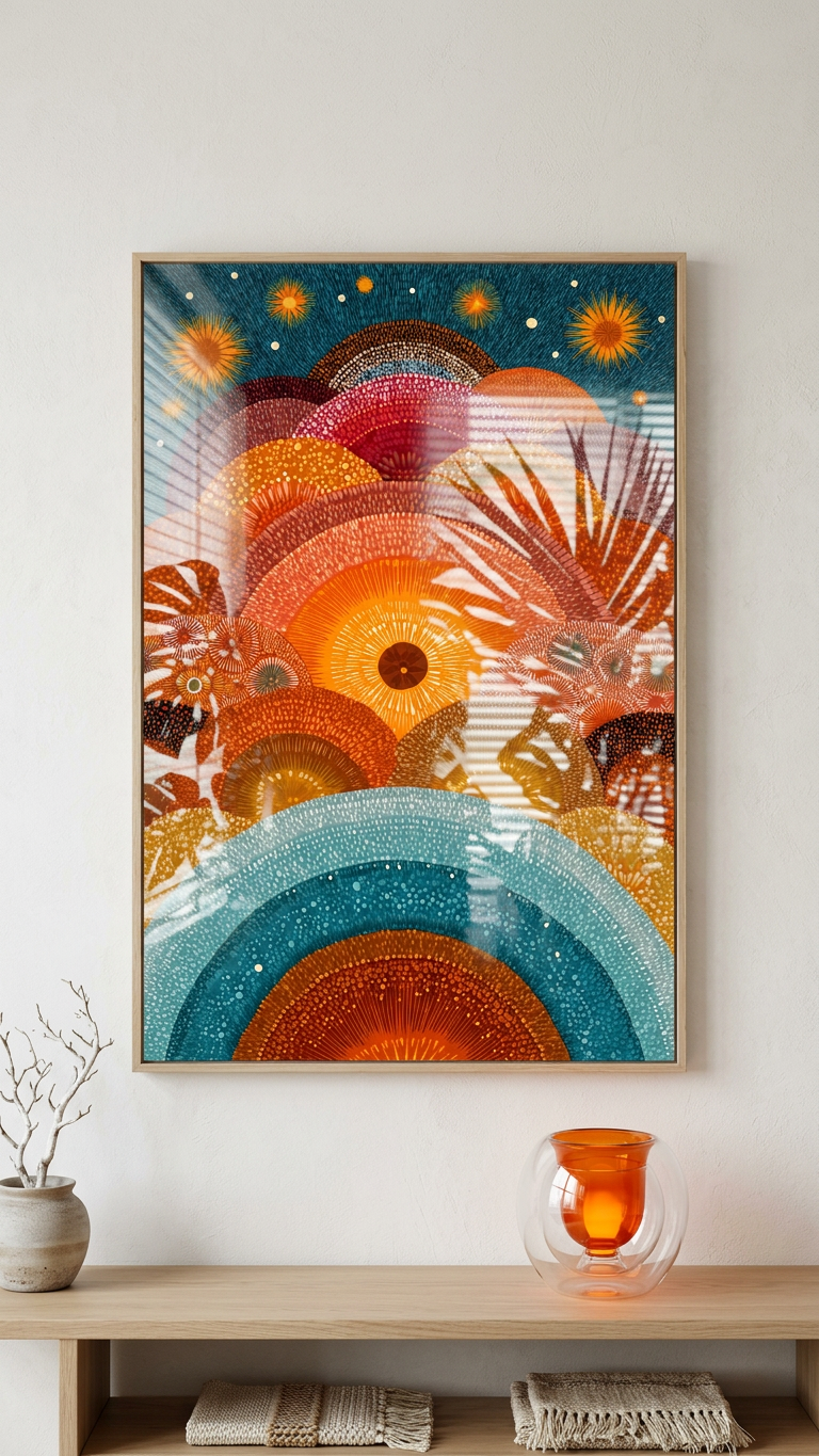 Burnt Orange & Teal Abstract Sunscape Painting | Naive Style | Meditation Space Decor | Digital Download