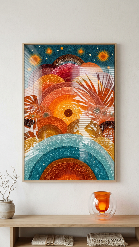 Burnt Orange & Teal Abstract Sunscape Painting | Naive Style | Meditation Space Decor | Digital Download