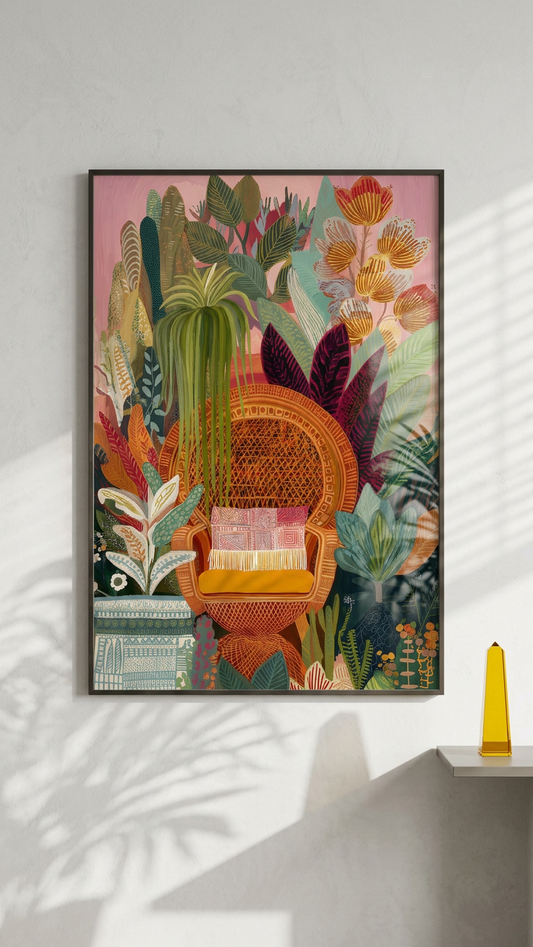 Ethereal & Lush Wicker Chair Surrounded by Foliage Art | Earthy Greens & Rose Tones | Ethereal jungle tranquility | Gift for Nature Lovers | Digital Download