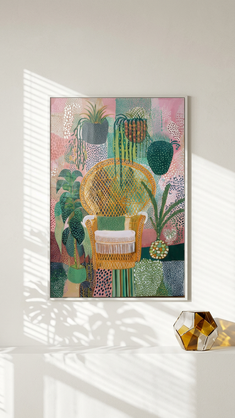 Olive & Peach Wicker Chair & Plants Painting | Naive Style | Sunroom Decor | Digital Download,