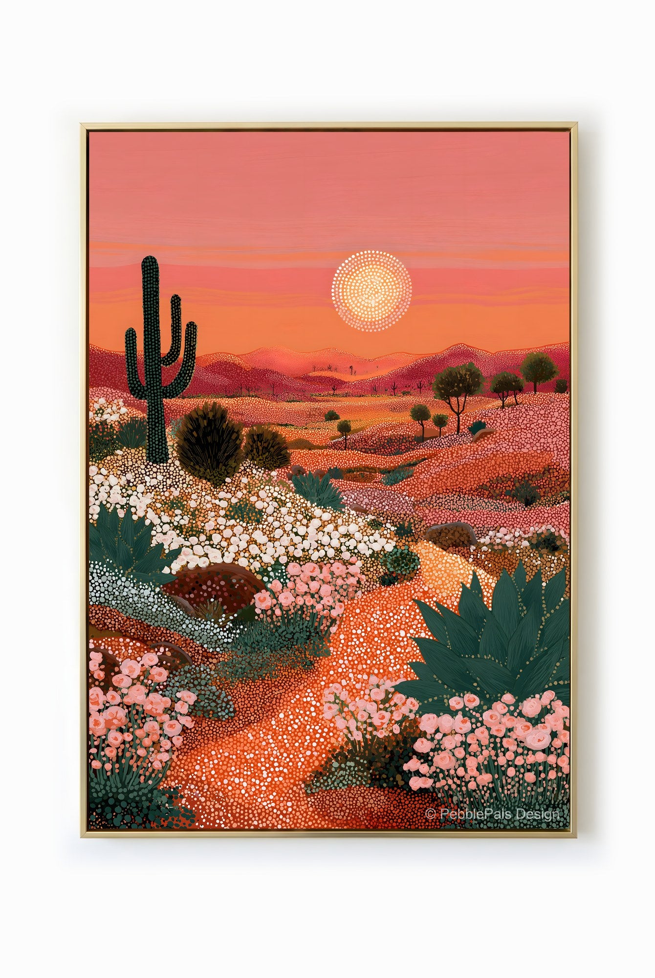 Pointillist desert landscape with blooming flowers, cacti, and a coral sunset