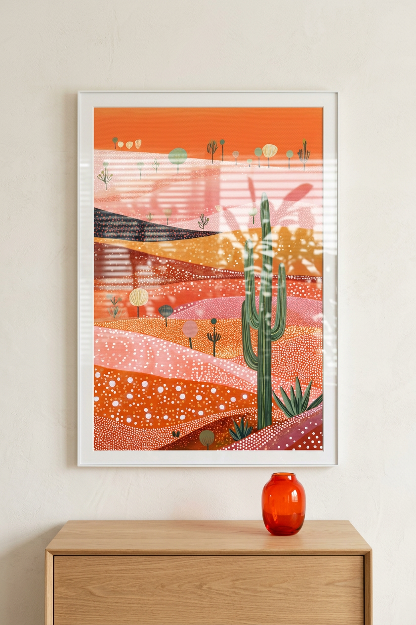 Ochre & Blush Desert Cactus Landscape Painting | Naive Style | Bohemian Living Room Decor | Digital Download