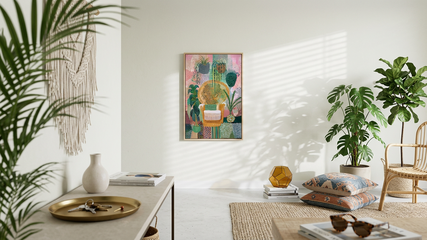 Olive & Peach Wicker Chair & Plants Painting | Naive Style | Sunroom Decor | Digital Download,