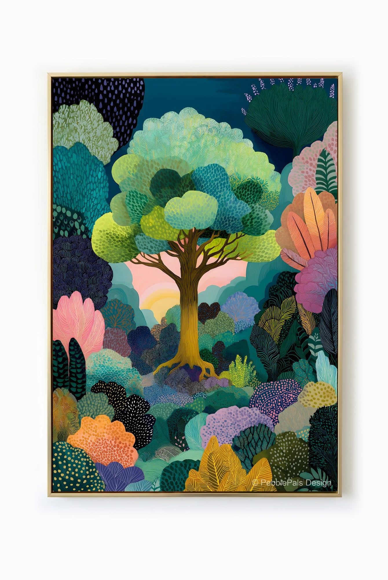 Botanical illustration of a lush forest canopy with a sunlit sky in the background, radiating tranquility.
