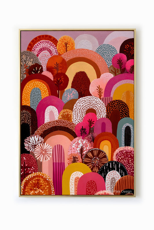 A naive painting of an arched forest with orange, pink, and brown trees under a pastel sky.