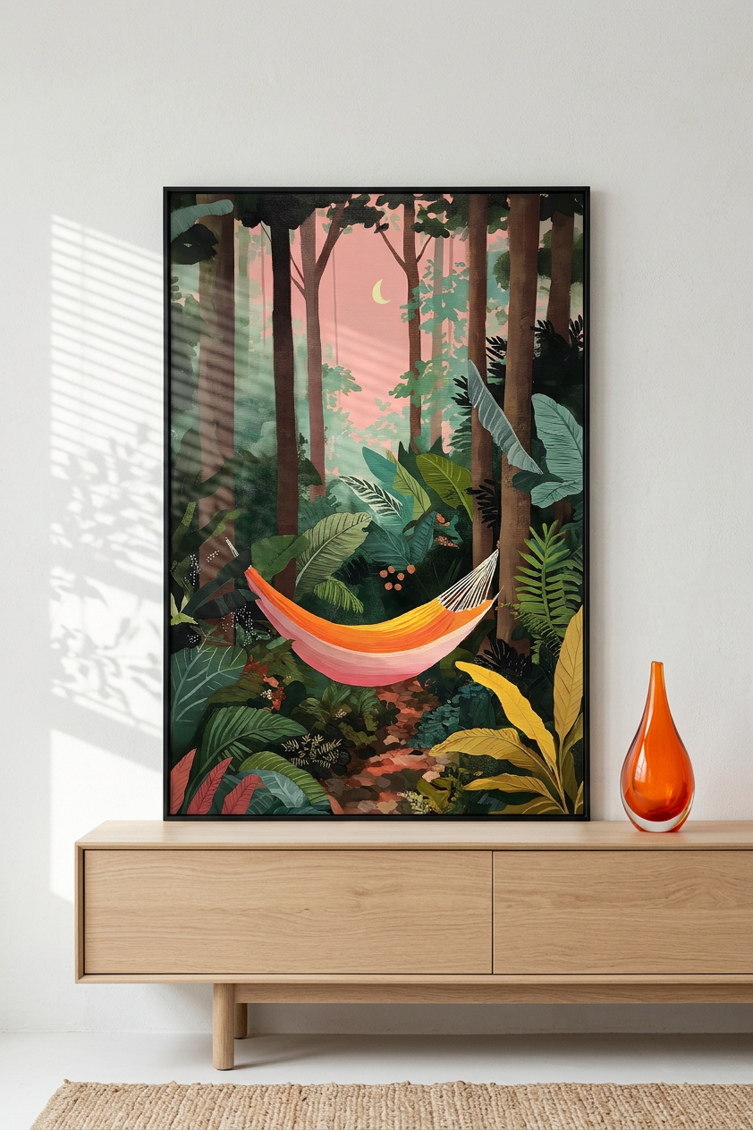 Ethereal & Lush Hammock in Jungle Art | Emerald & Coral Tones | A tranquil forest getaway | Gift for Nature Lovers | Digital Download
