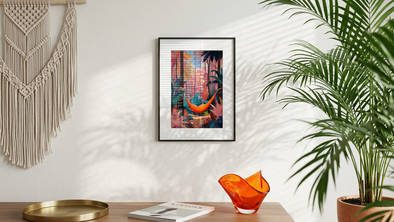Teal & Coral Hammock in Jungle Painting | Naive Style | Living Room Decor | Digital Download,