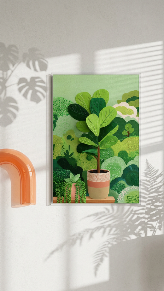 Ethereal & Lush Fiddle Leaf Fig Art | Emerald & Terracotta Tones | Indoor oasis of calm | Gift for Cat Lovers | Digital Download