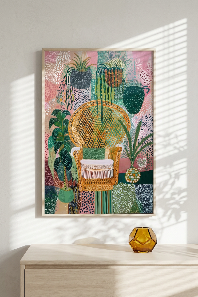 Olive & Peach Wicker Chair & Plants Painting | Naive Style | Sunroom Decor | Digital Download,