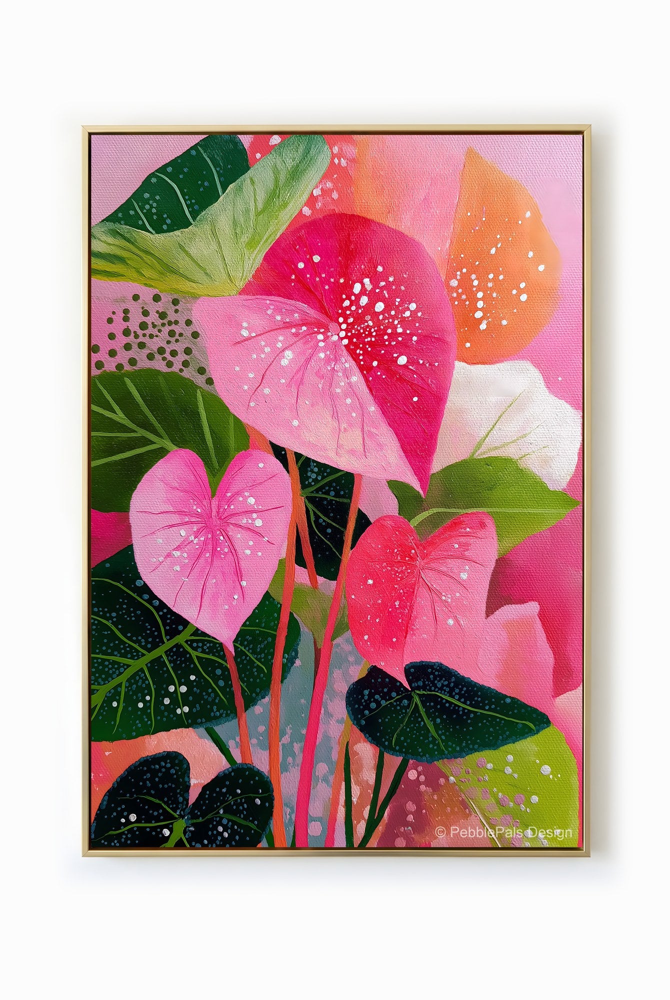 Botanical painting featuring pink caladium leaves with white speckles on a canvas awash in soft light.