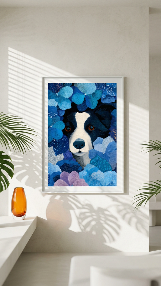 Cobalt & Lavender Border Collie in Blooms Painting | Illustrative Style | Serene Bedroom Decor | Digital Download