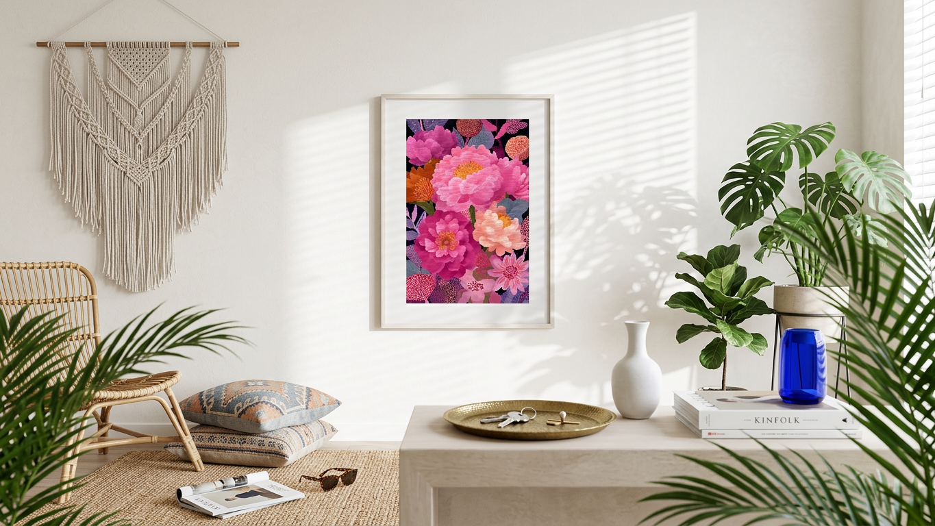 Fuchsia & Apricot Floral Abundance Painting | Botanical Style | Elegant Living Room Decor | Digital Download