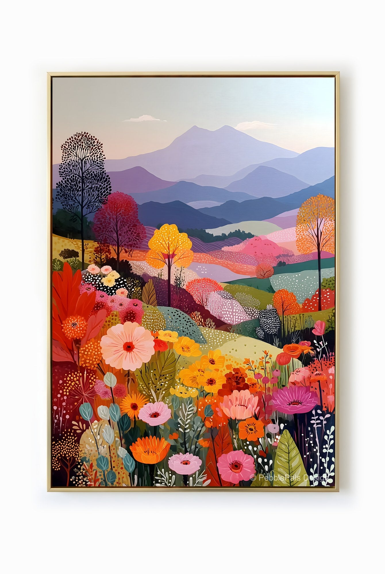 A naive style landscape painting featuring a vibrant meadow with flowers in pastel pink, orange, and yellow, set against a backdrop of serene blue mountains under a soft sky.