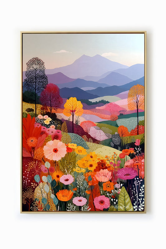 A naive style landscape painting featuring a vibrant meadow with flowers in pastel pink, orange, and yellow, set against a backdrop of serene blue mountains under a soft sky.