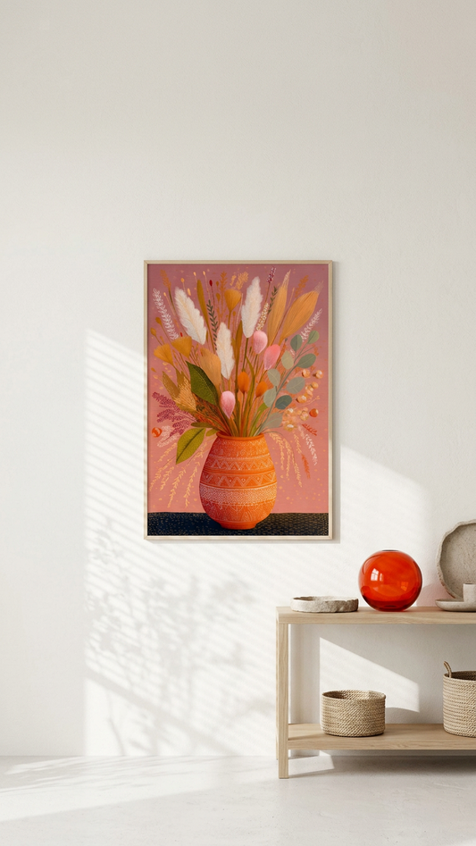 Burnt Orange & Wheat Boho Floral Arrangement Painting | Bohemian Style | Living Room Decor | Digital Download