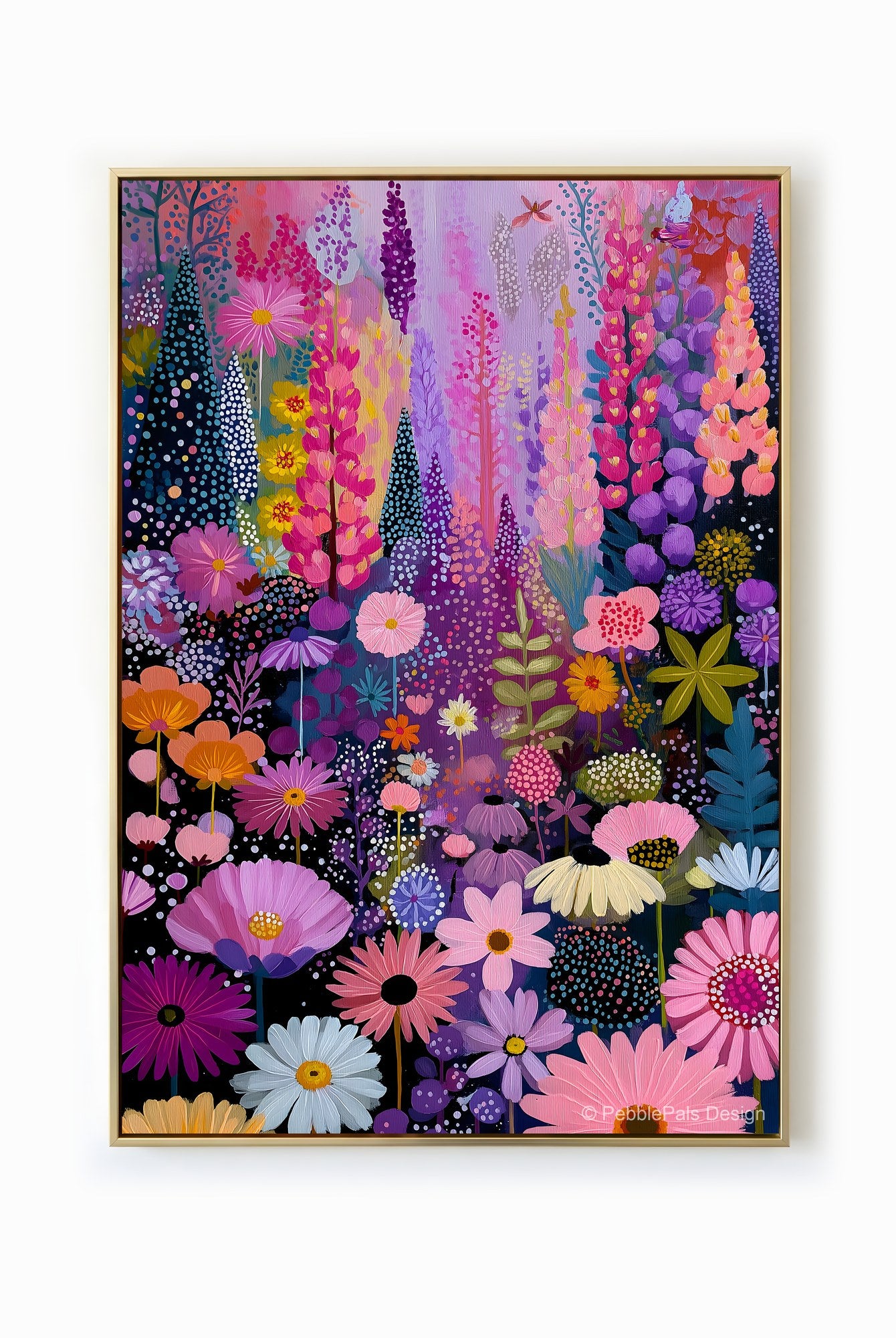 A colorful folk art painting of a vibrant floral meadow with pink, purple, and yellow flowers.