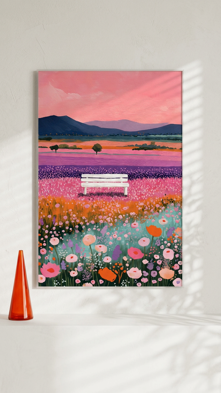 Rose Quartz & Lavender Flower Field Bench Painting | Impressionist Style | Sunroom Retreat Decor | Digital Download