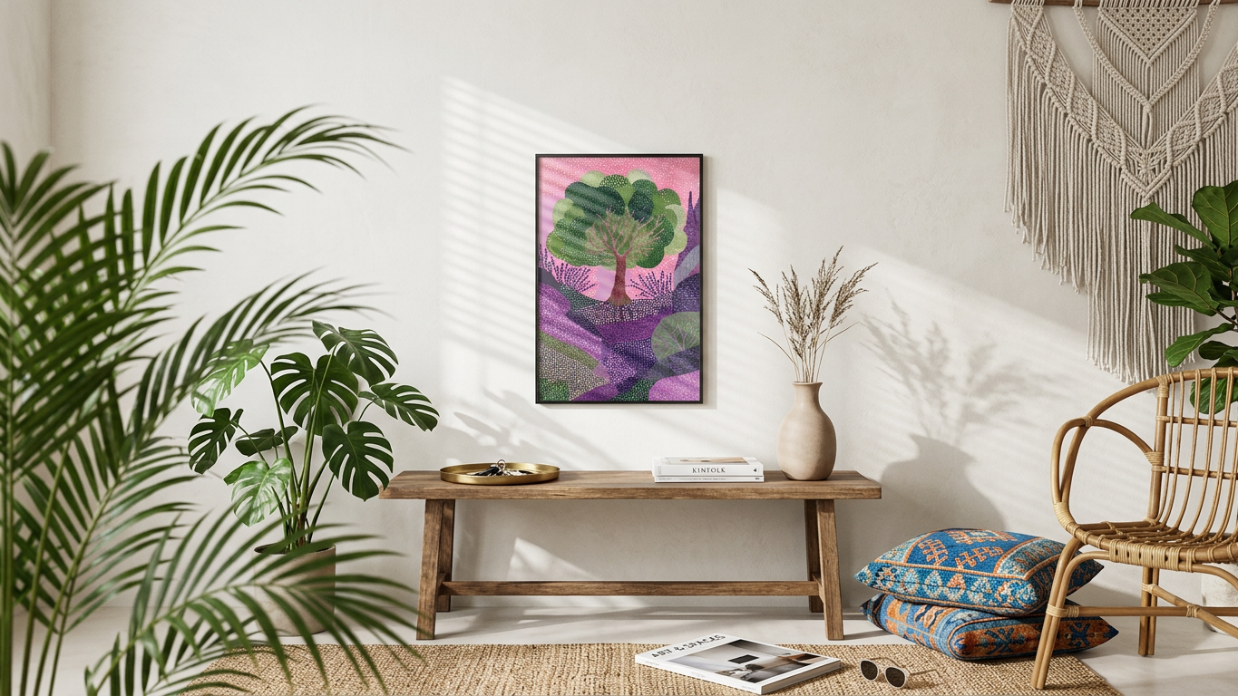 Ethereal & Joyful Whimsical Landscape Art | Emerald & Lavender Tones | Enchanted, calming nature escape | Gift for Cat Lovers | Digital Download