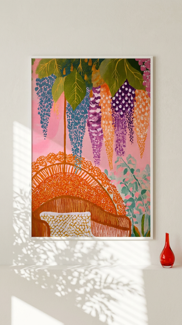 Rose Quartz & Tangerine Wisteria Canopy Painting | Naive Style | Sunlit Solarium Decor | Digital Download